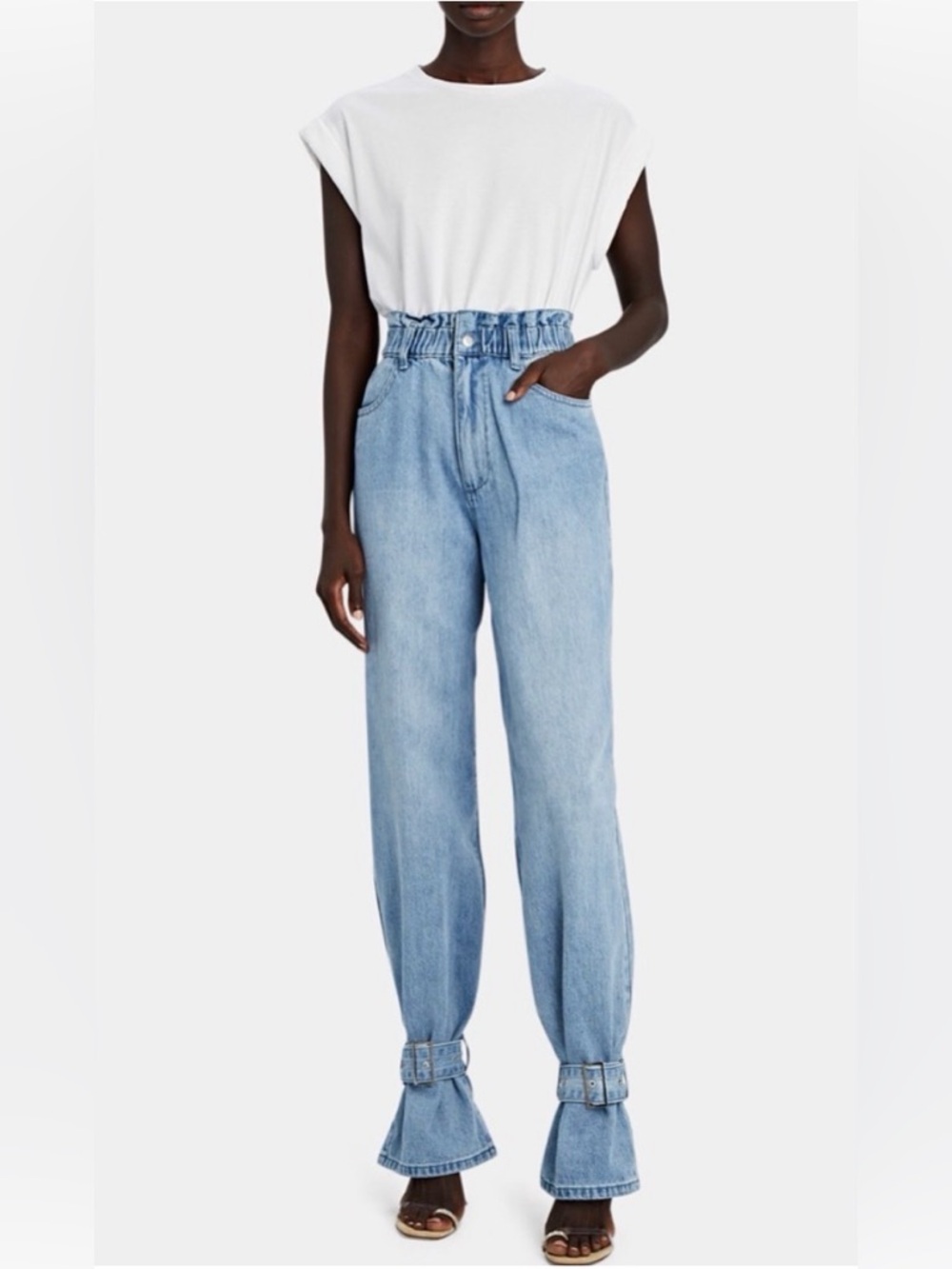 We Wore What Paperbag Waist Buckle Belted Leg Denim Jeans Light Wash Size 25